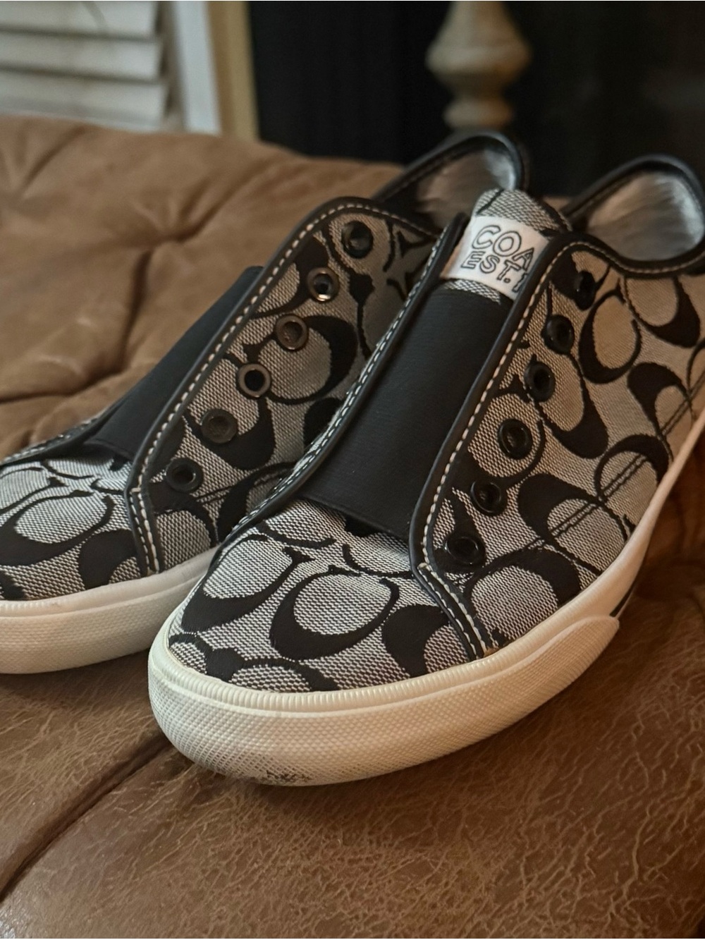 Coach Women’s Size 7.5 Slip-On Signature Canvas Sneakers in Black and White